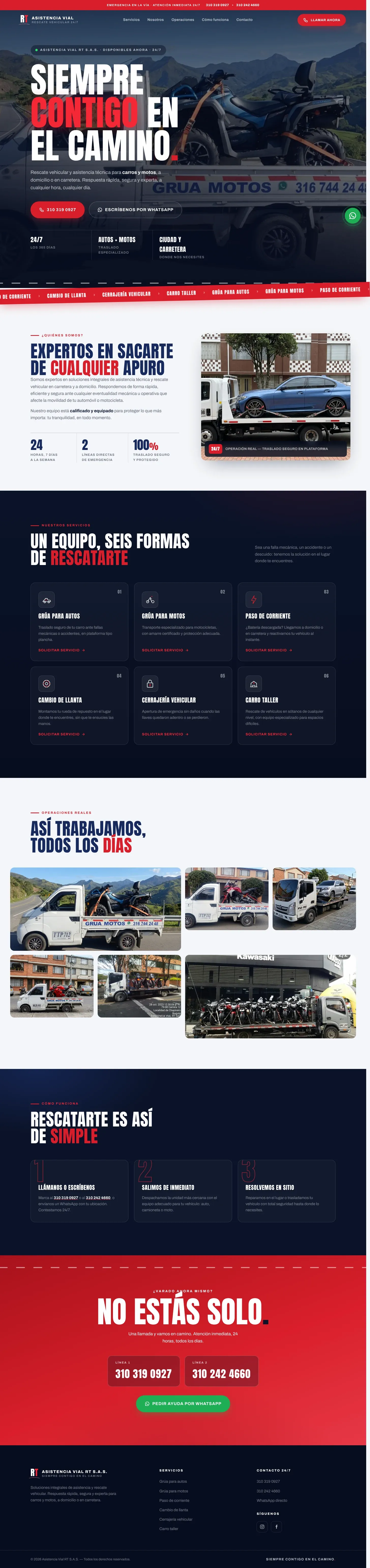 Página completa de Asistencia Vial RT en computador