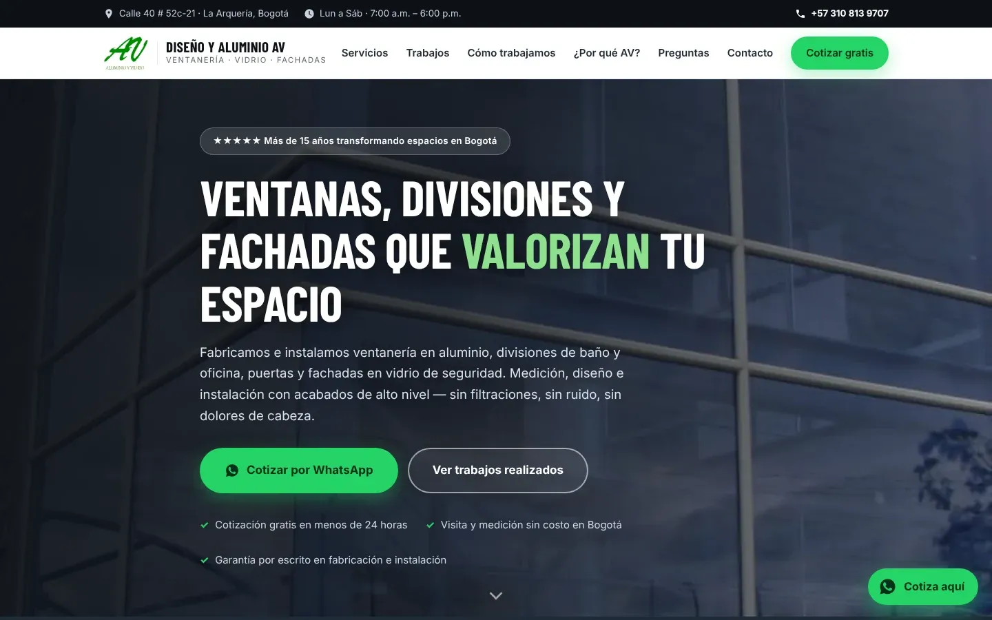 Página web de Diseño y Aluminio AV en computador