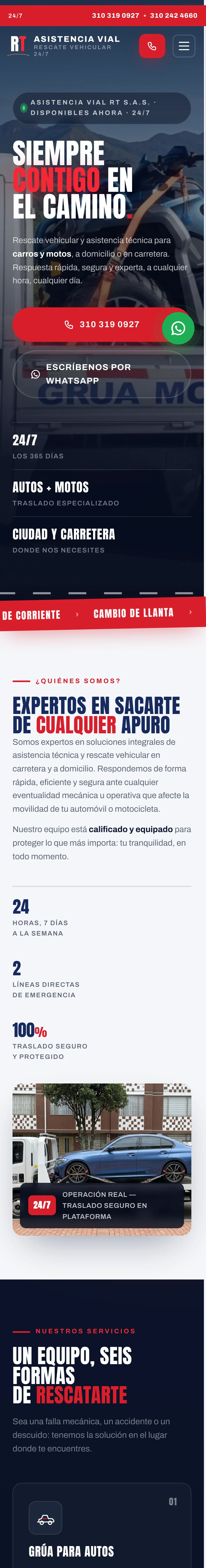 Página completa de Asistencia Vial RT en celular