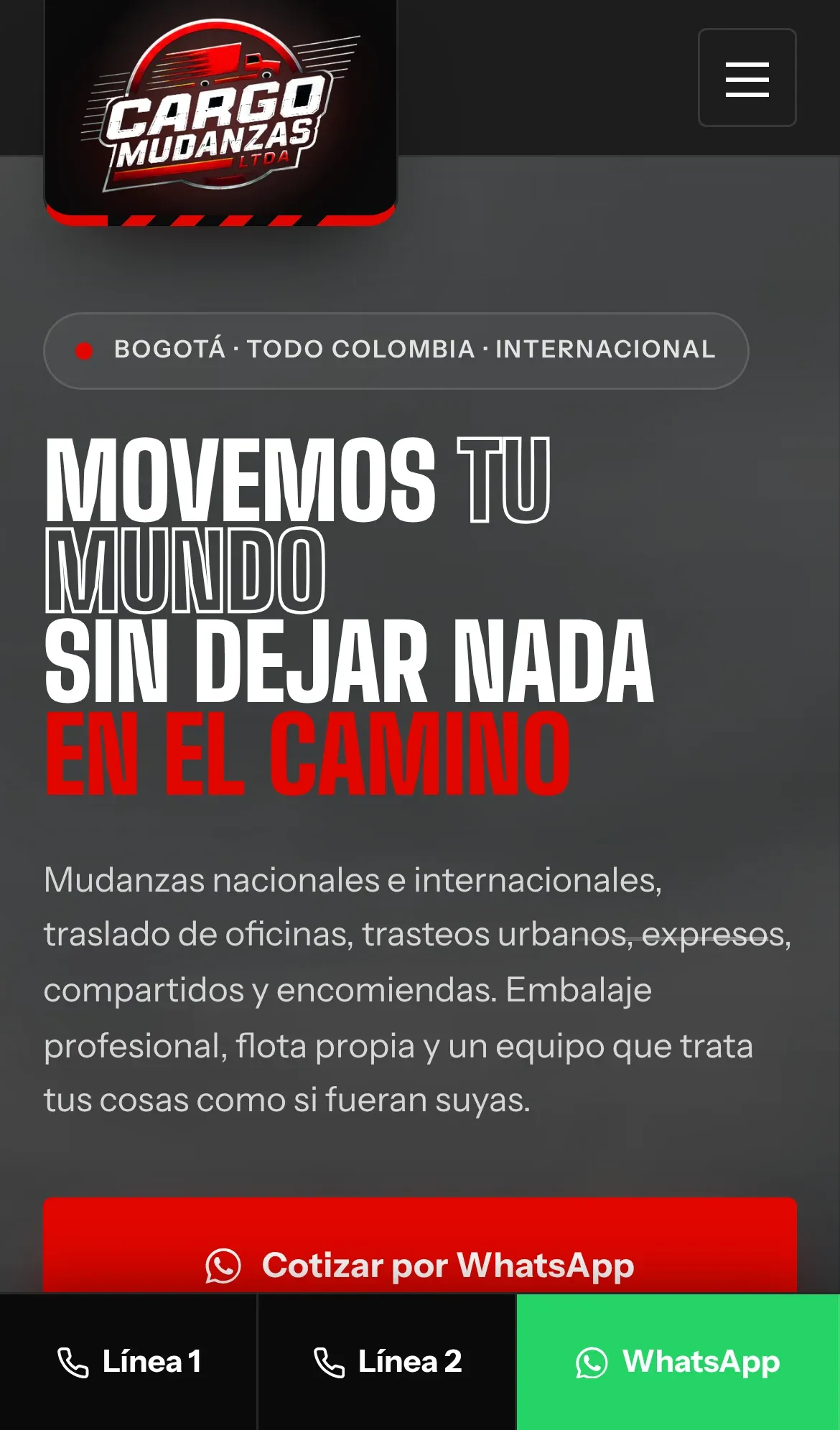 Página web de Cargo Mudanzas en celular